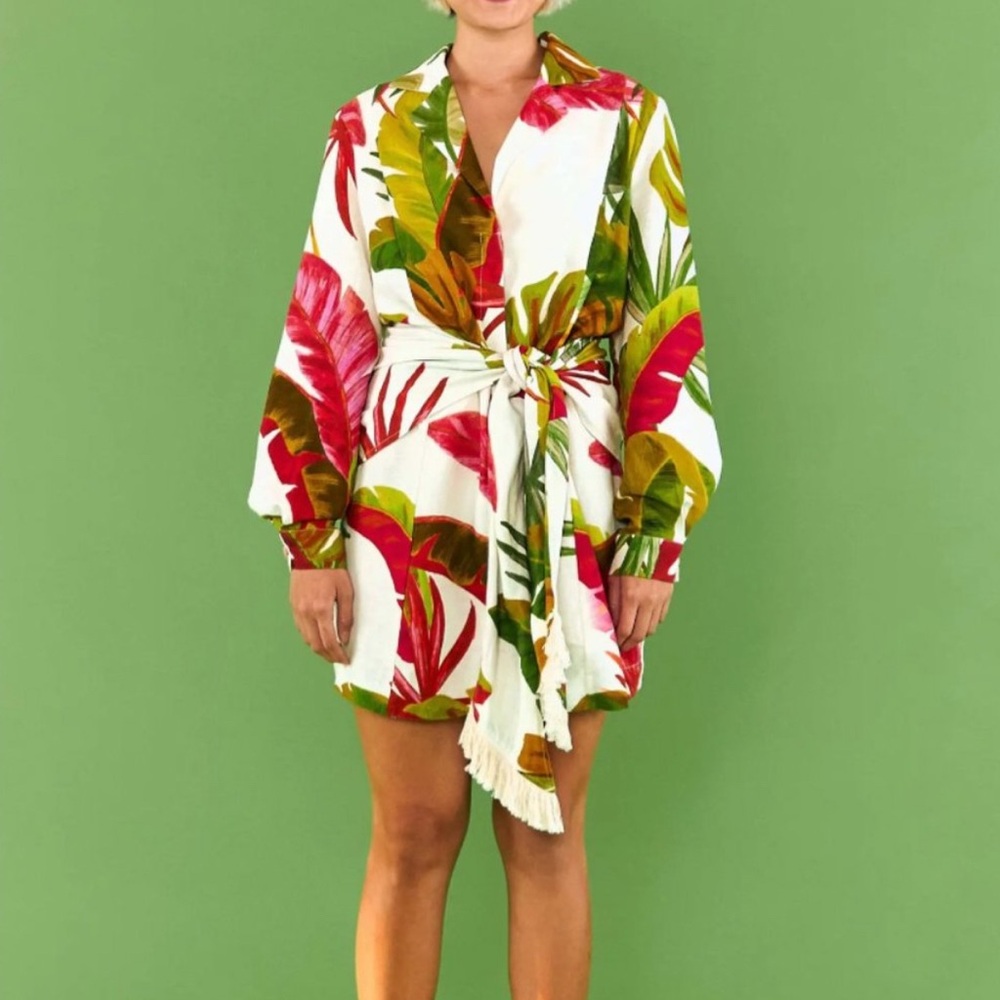 Farm Rio Spring Forest Long Sleeve Linen Blend Mini Dress size small